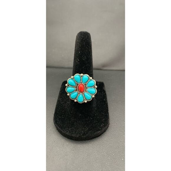 Silver Tone & Faux Blue Turquoise Red Faux Center Stone Boho Southwestern Ring 6 - Picture 1 of 4